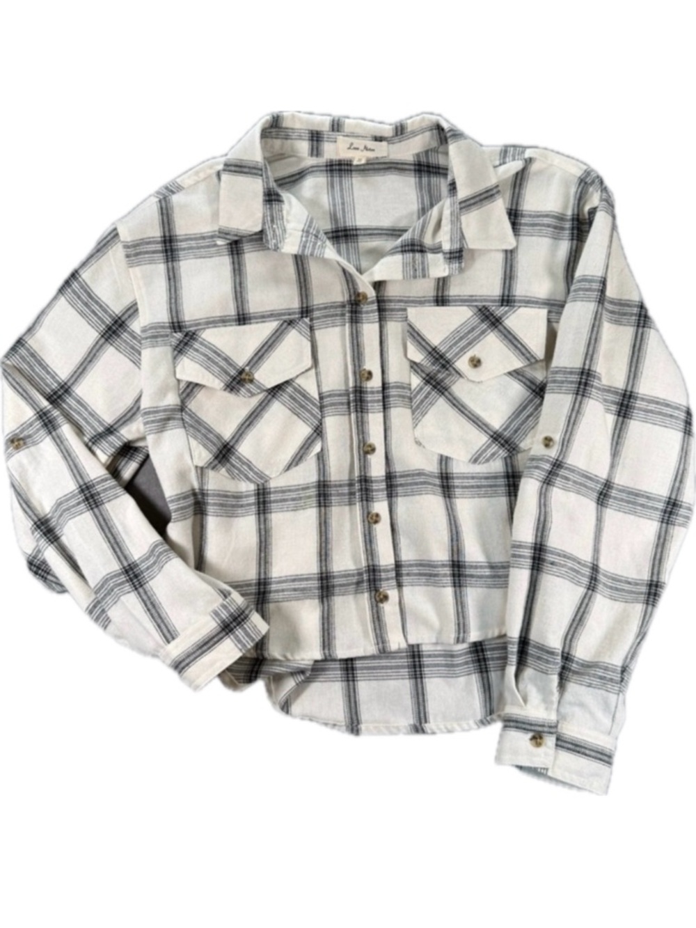 Cropped Plaid Button-Front Shirt Jacket - Cream & Black